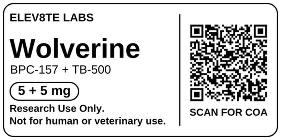 Wolverine (BPC-157 + TB-500) 5 + 5 mg vial label, actual layout